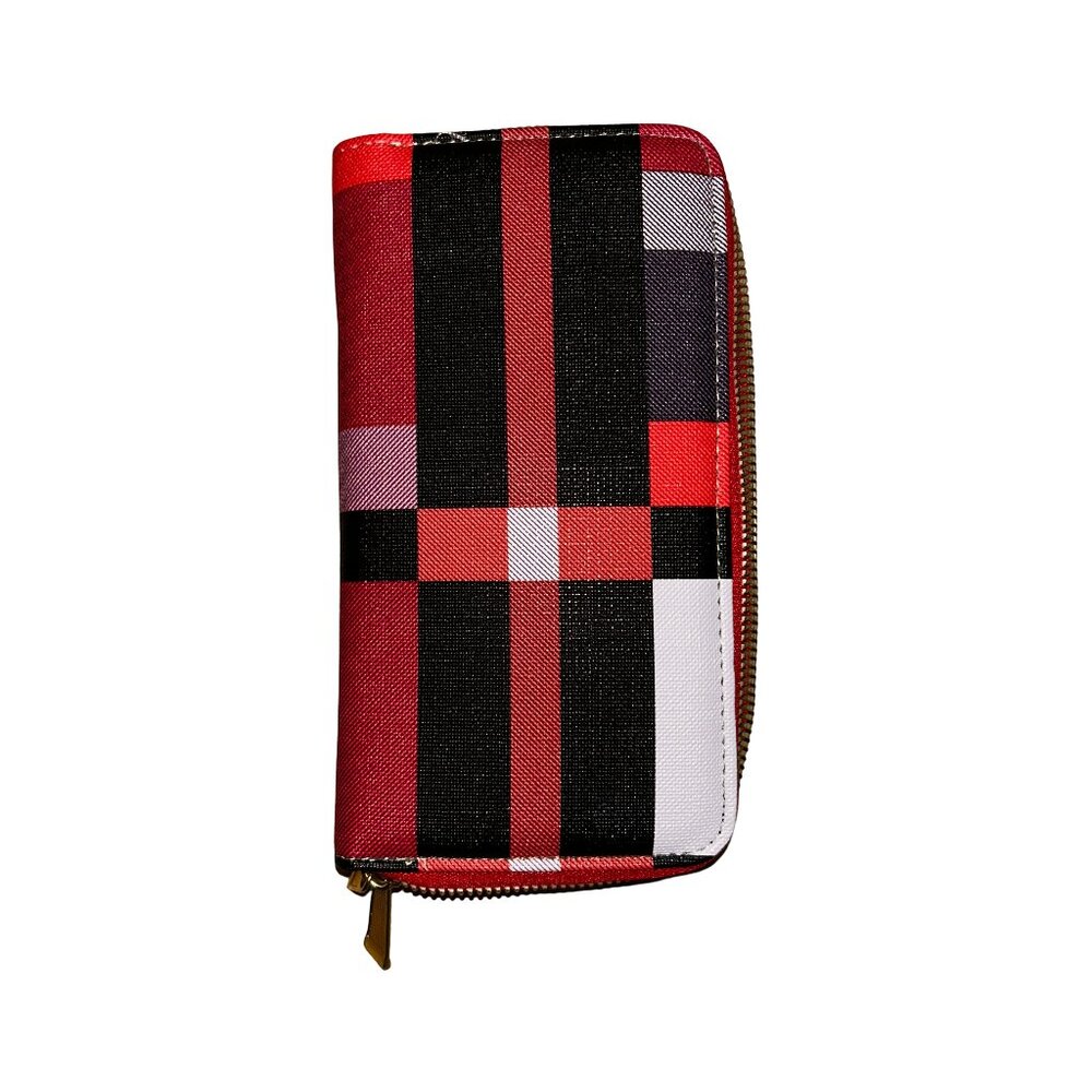 Action Imports Plaid Double Zip Around Wallet Organizer Red Black Clutch